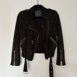 All Saints Black Leather Fringe Jacket